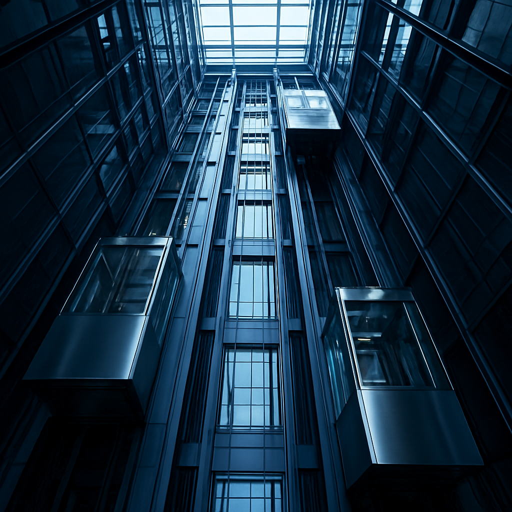 Interior de un elevador panorámico moderno en una torre corporativa